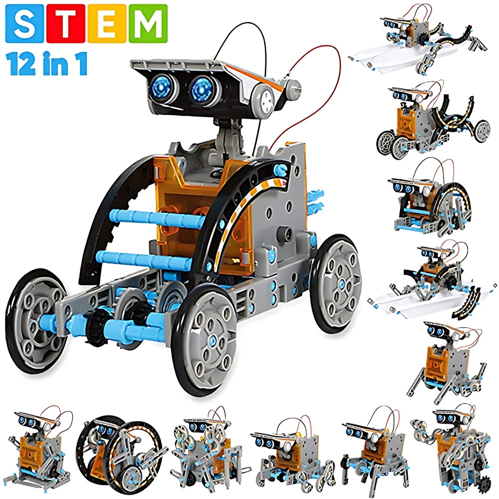 Science Robot - Solar-Roboter-Bausteine, 12-in-1-Wissenschaftsexperiment-Set, pädagogisches DIY-Montage-Konstruktionsspielzeug für Kinder,