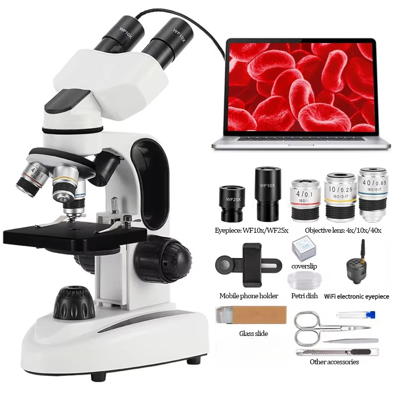 Microscope Compound 40X - 40X-1000X Binokulares Verstärkermikroskop mit Doppel-LED-Beleuchtung, optionaler